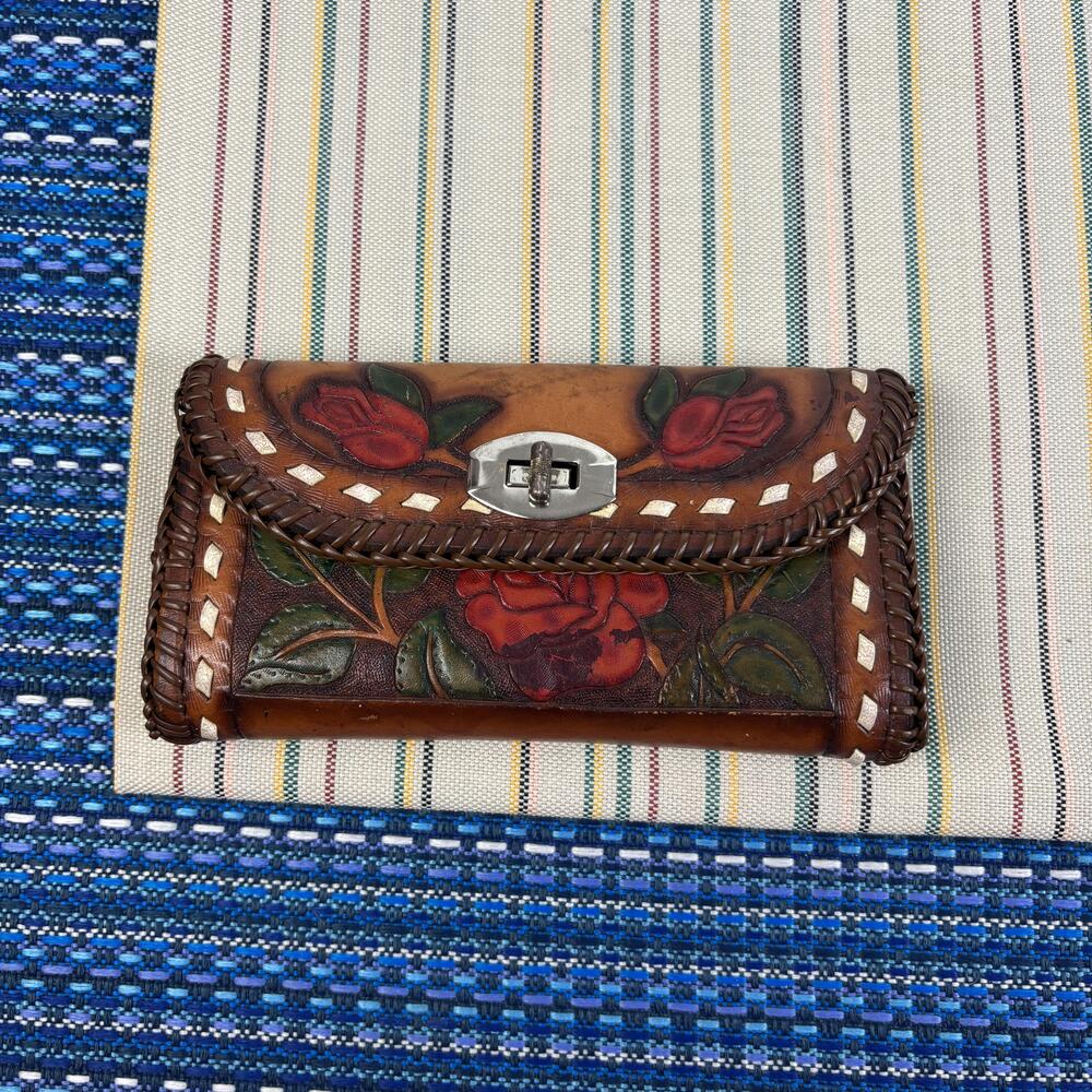 Vintage Tooled Leather Rose Wallet Womens One Size Brown Suede Floral Western